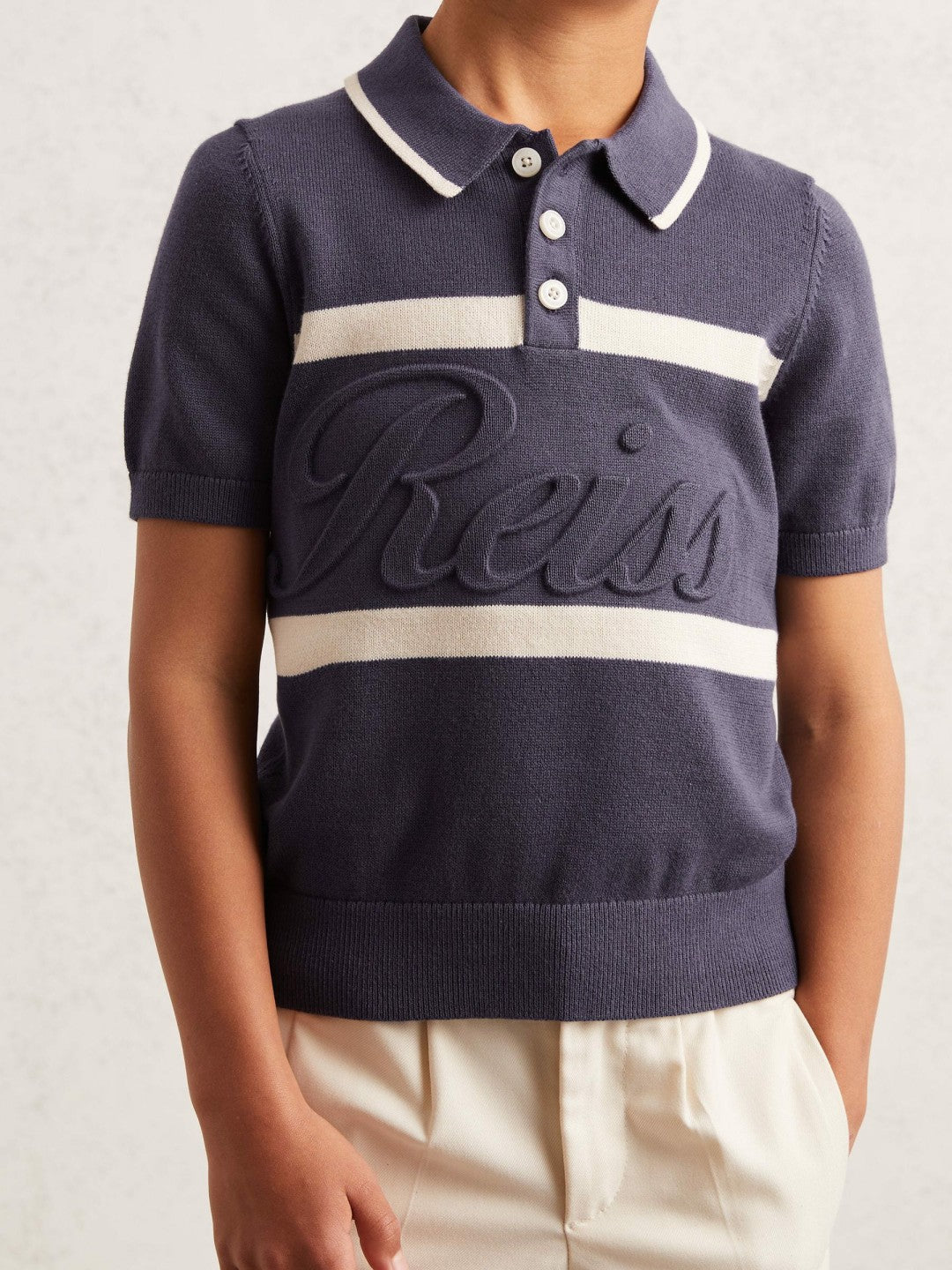 Reiss 3-9 yrs Cotton Logo-Embossed Knit Polo Shirt in Indigo Blue/White