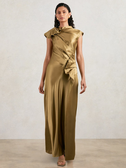 Reiss Acler Draped Satin Midi Dress in Gold Moss