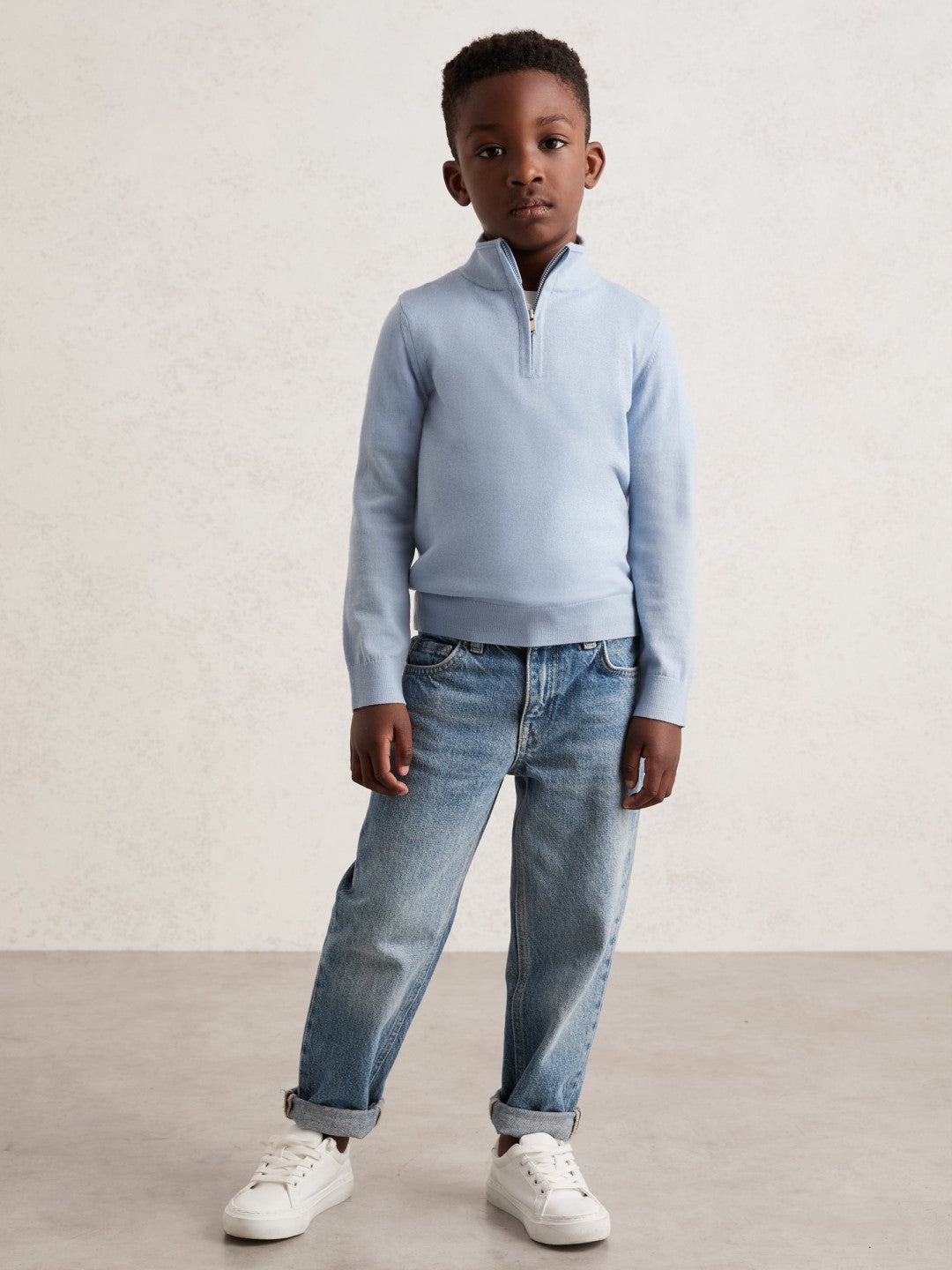 Reiss 13-14 yrs Merino Wool Half-Zip Funnel Neck Jumper in Soft Blue Melange