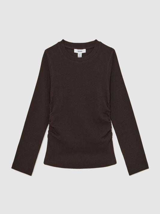 Reiss 13-14 yrs Cotton Ruched Long-Sleeve T-Shirt with Stretch in Chocolate