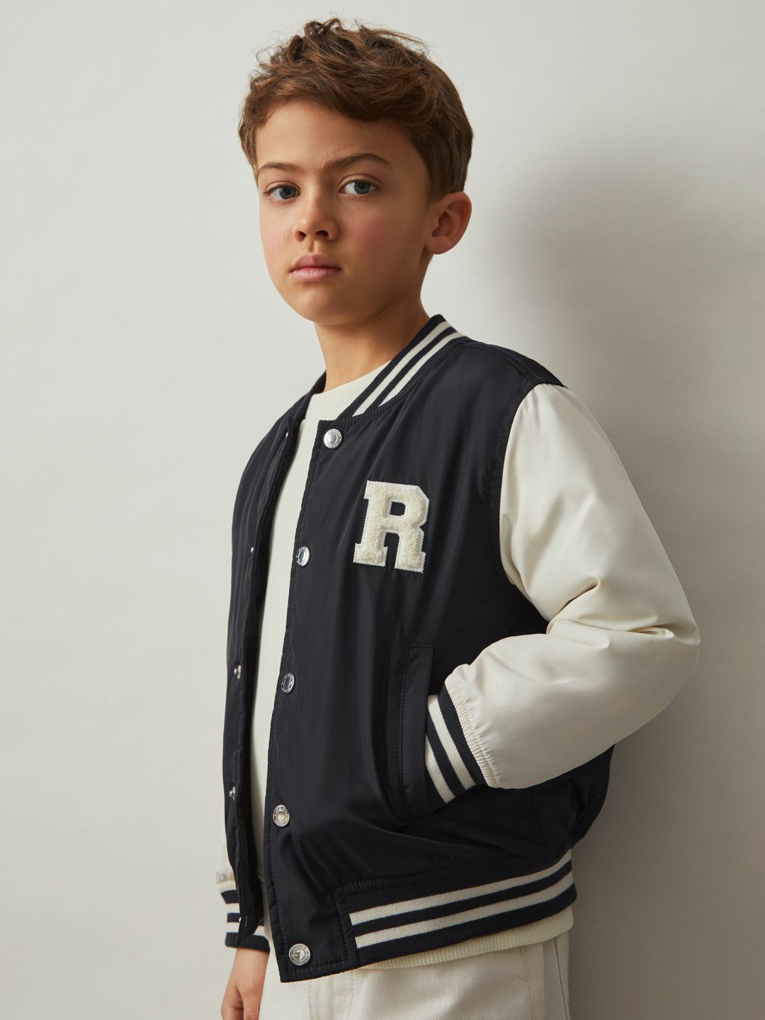 Reiss 3-9 yrs Colour-Block Varsity Bomber Jacket in Navy/ Off White