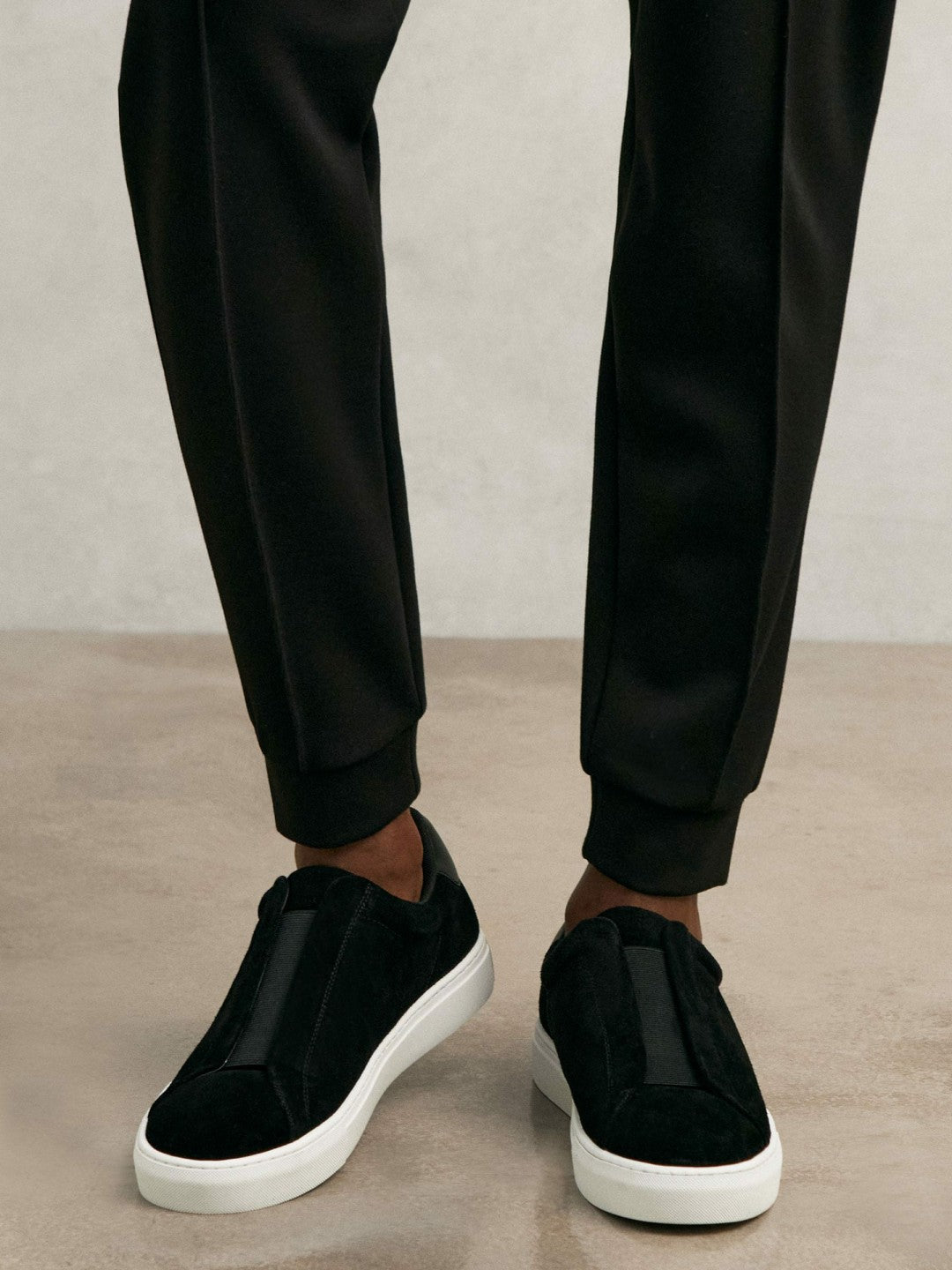 Reiss Suede Slip-On Elasticated Trainers in Black