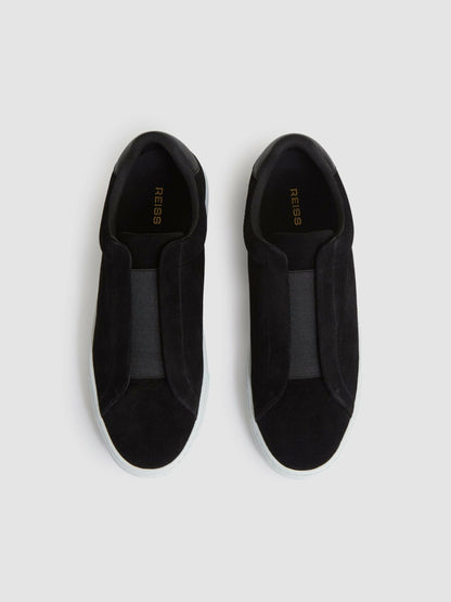 Reiss Suede Slip-On Elasticated Trainers in Black