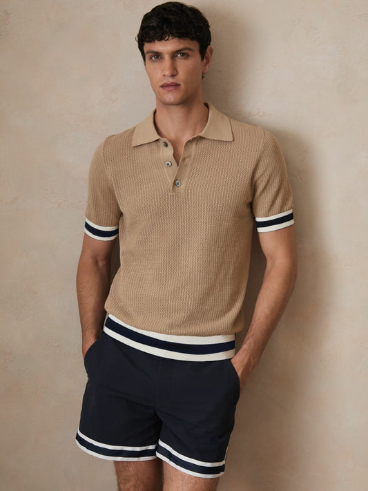 Reiss | Ché Cotton Knit Polo Shirt in Camel Brown