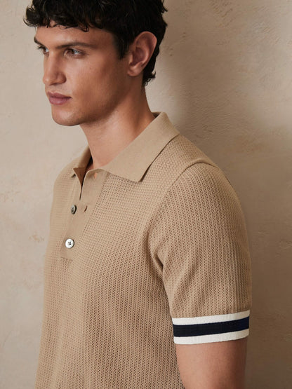 Reiss | Ché Cotton Knit Polo Shirt in Camel Brown