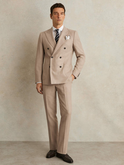 Reiss Slim-Fit Wool-Blend Double-Breasted Suit Blazer in Oatmeal Brown