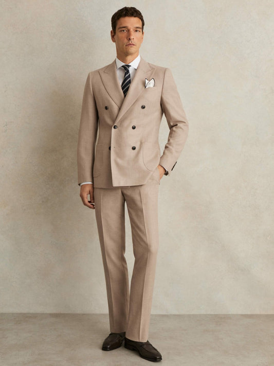 Reiss Slim-Fit Wool-Blend Double-Breasted Suit Blazer in Oatmeal Brown