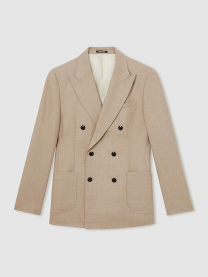 Reiss Slim-Fit Wool-Blend Double-Breasted Suit Blazer in Oatmeal Brown