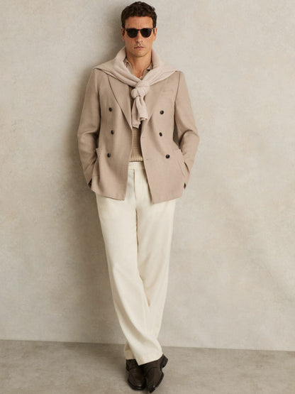 Reiss Slim-Fit Wool-Blend Double-Breasted Suit Blazer in Oatmeal Brown