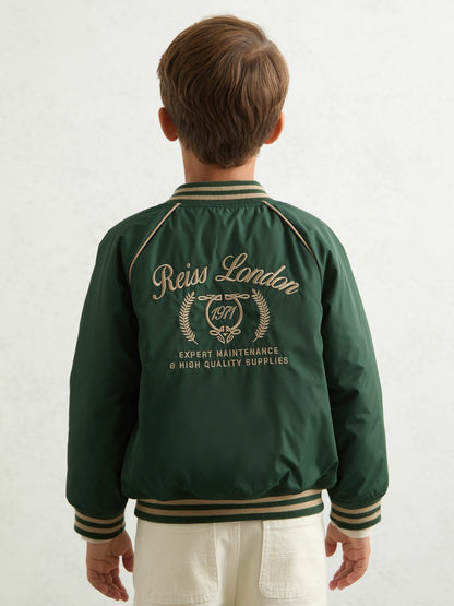 Reiss 13-14 yrs Motor Cars Embroidered Bomber Jacket in Forest Green/Off White