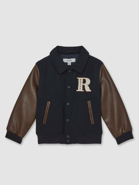 Reiss 13-14 yrs Motor Cars Press-Stud Bomber Jacket in Navy/Brown