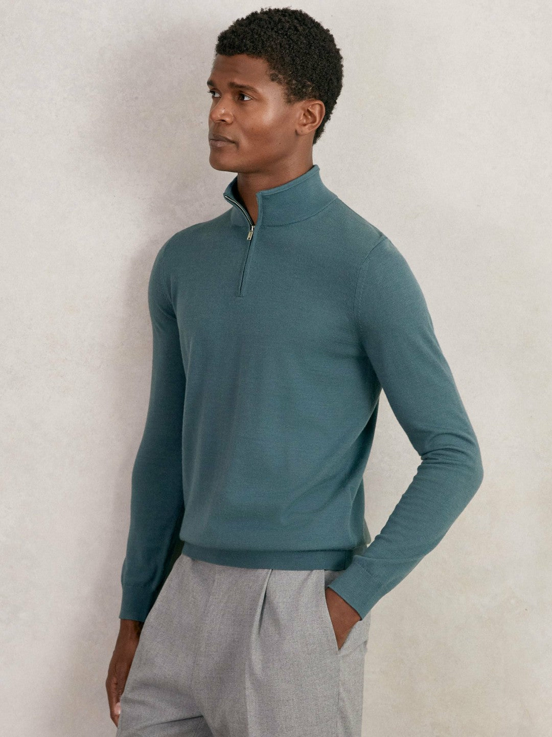 Reiss Merino Wool Half Zip Jumper in Orion Blue