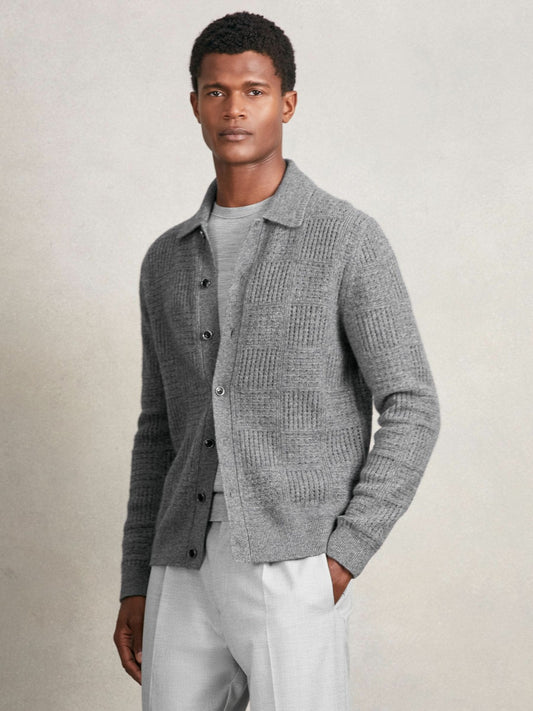 Reiss Wool Button Through Pointelle Shirt in Mid Grey