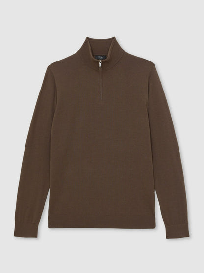 Reiss Merino Wool Half-Zip Jumper in Chocolate Brown