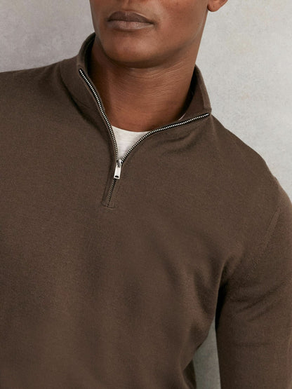 Reiss Merino Wool Half-Zip Jumper in Chocolate Brown