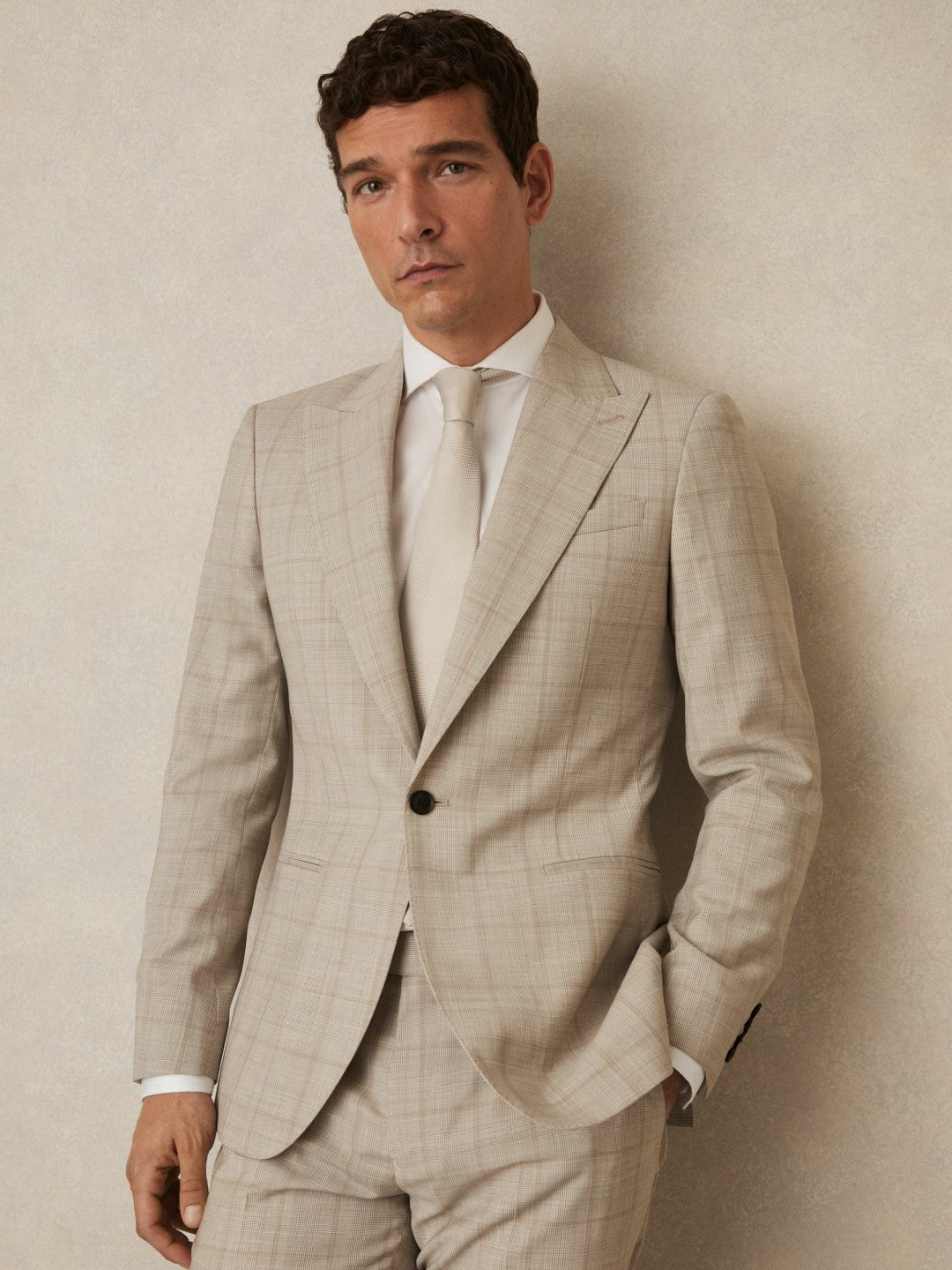 Reiss Slim-Fit Single-Breasted Wool Check Suit Blazer in Oatmeal Brown