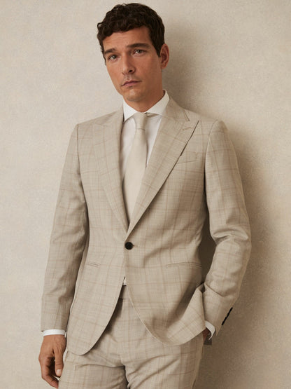 Reiss Slim-Fit Single-Breasted Wool Check Suit Blazer in Oatmeal Brown