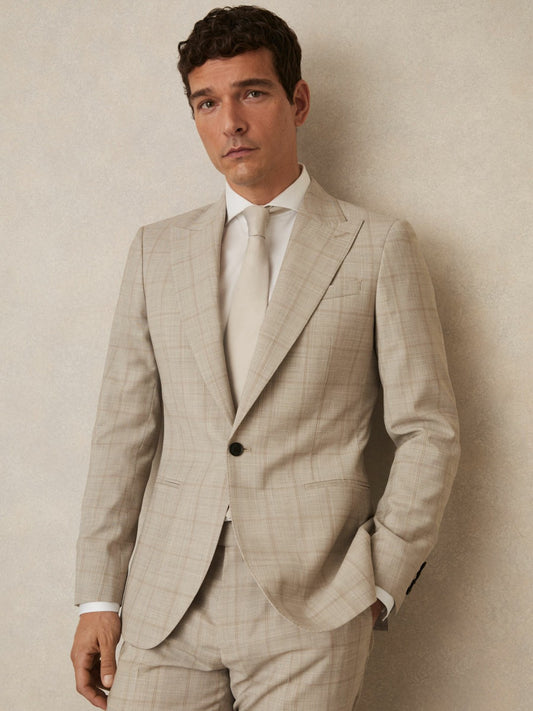 Reiss Slim-Fit Single-Breasted Wool Check Suit Blazer in Oatmeal Brown