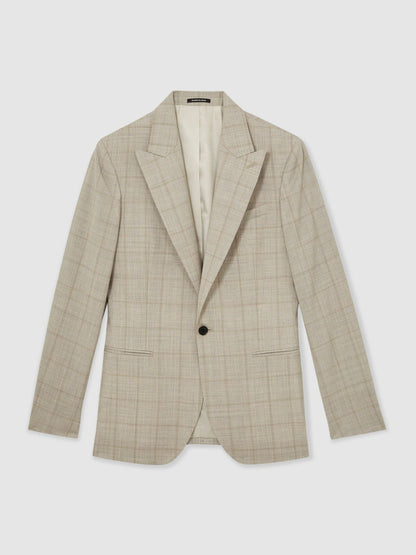 Reiss Slim-Fit Single-Breasted Wool Check Suit Blazer in Oatmeal Brown