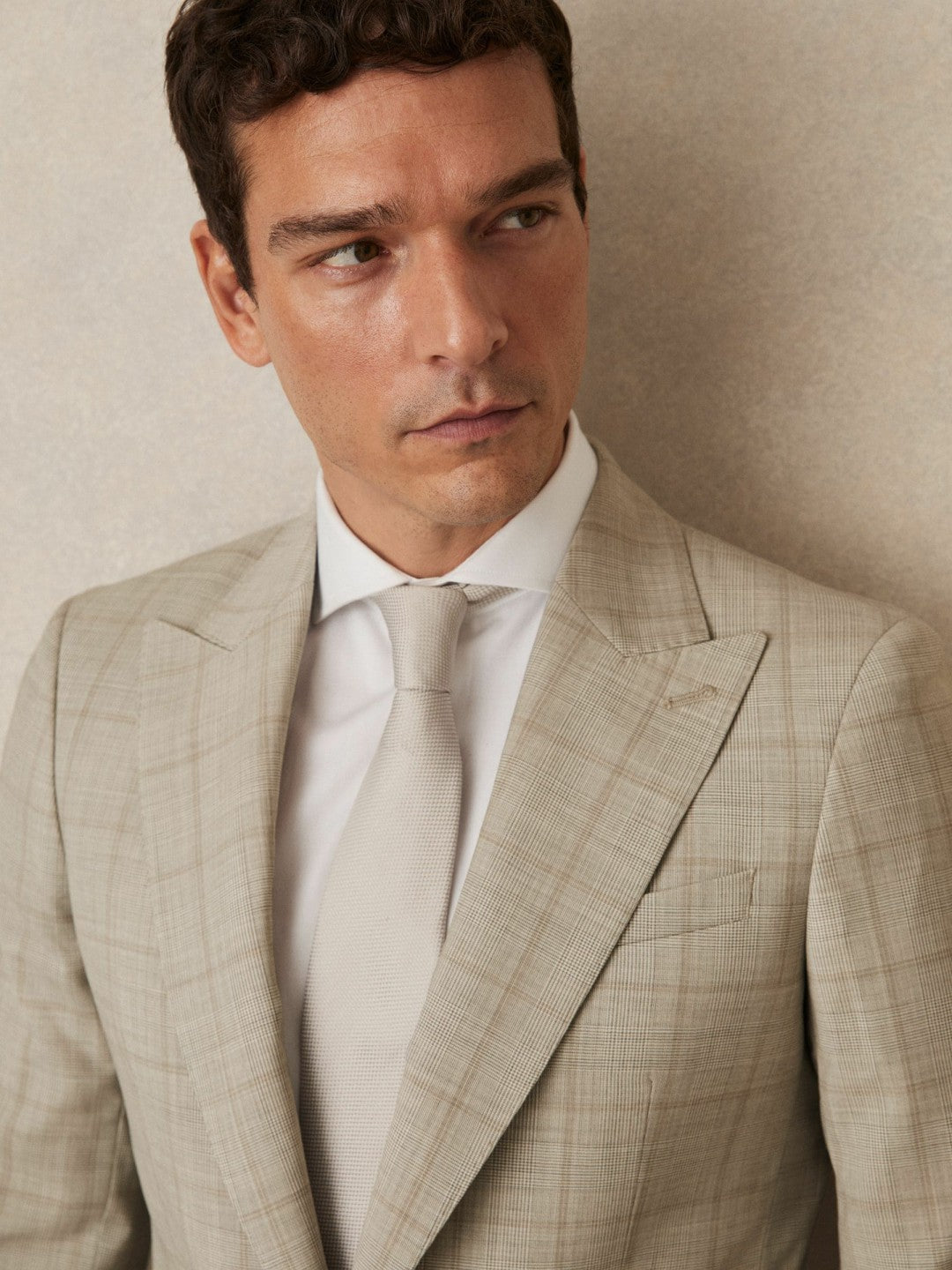 Reiss Slim-Fit Single-Breasted Wool Check Suit Blazer in Oatmeal Brown