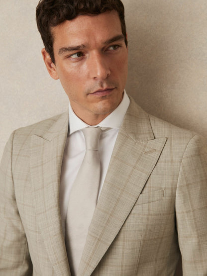 Reiss Slim-Fit Single-Breasted Wool Check Suit Blazer in Oatmeal Brown