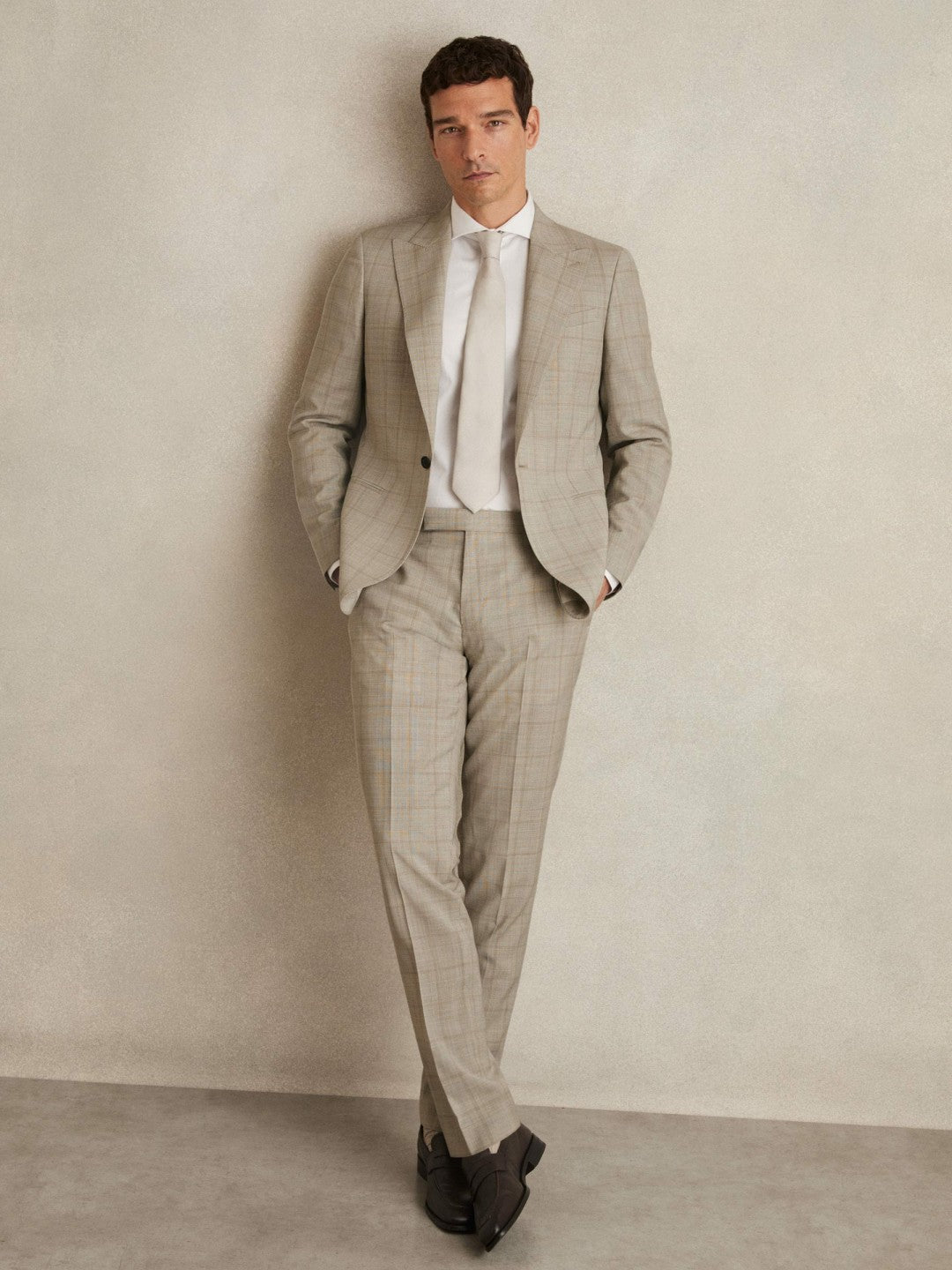 Reiss Slim-Fit Single-Breasted Wool Check Suit Blazer in Oatmeal Brown