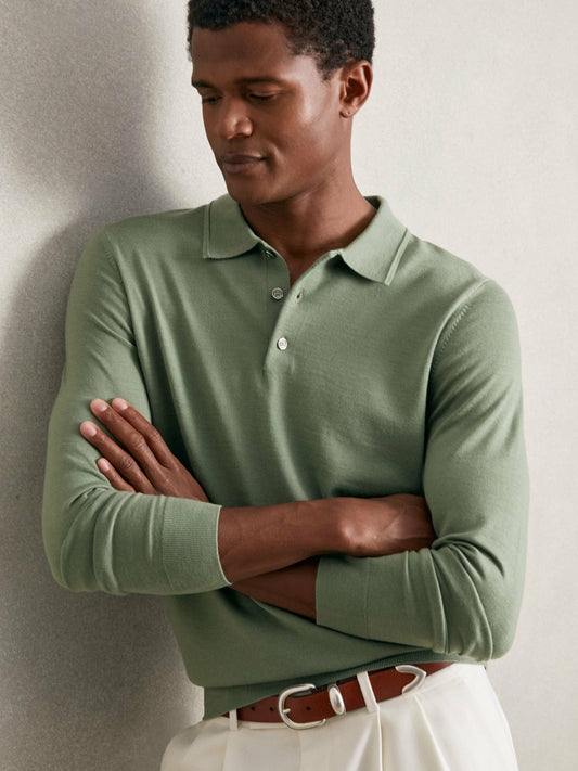 Reiss Merino Wool Long-Sleeve Polo Shirt in Harper Green