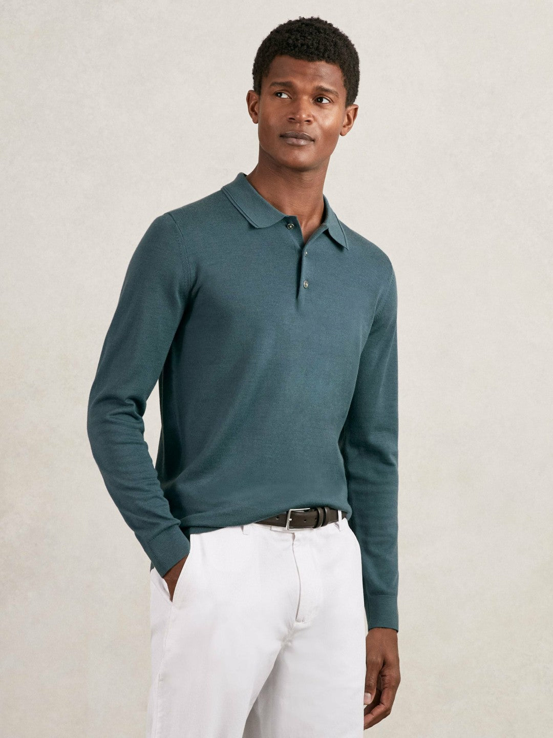 Reiss Merino Wool Long-Sleeve Polo Shirt in Orion Blue