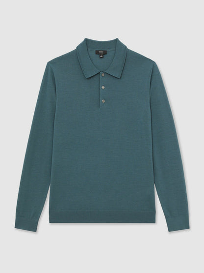 Reiss Merino Wool Long-Sleeve Polo Shirt in Orion Blue