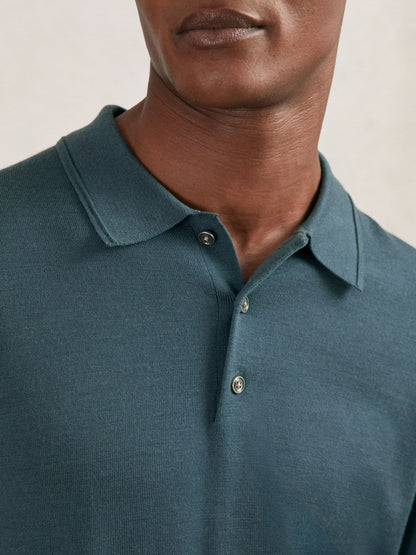 Reiss Merino Wool Long-Sleeve Polo Shirt in Orion Blue