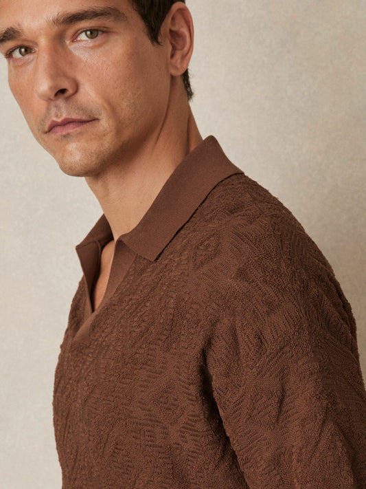 Reiss Jacquard Loop-Stitch Polo Shirt in Tobacco