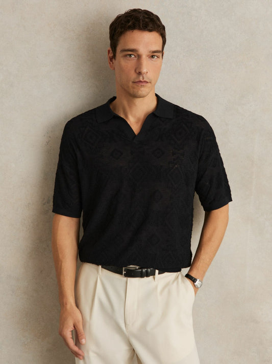 Reiss Jacquard Loop-Stitch Polo Shirt in Navy