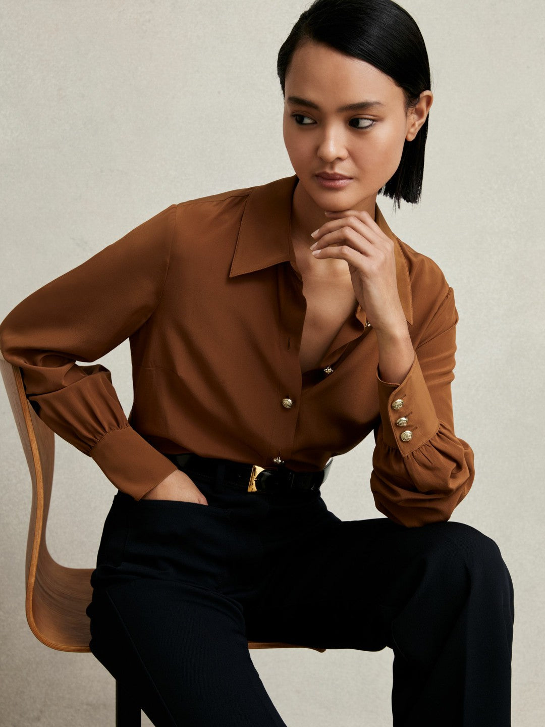 Reiss Silk Embossed-Button Shirt in Tan Brown