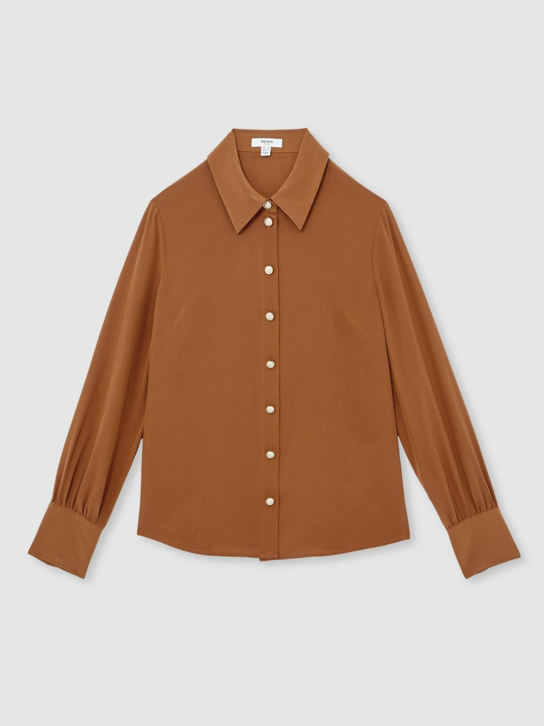 Reiss Silk Embossed-Button Shirt in Tan Brown