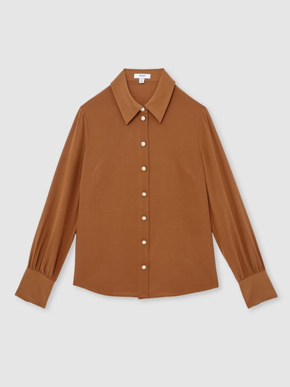 Reiss Silk Embossed-Button Shirt in Tan Brown