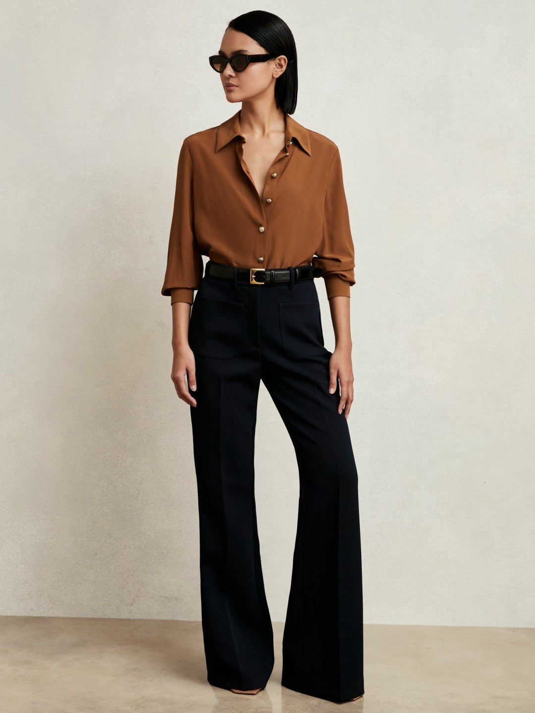Reiss Silk Embossed-Button Shirt in Tan Brown