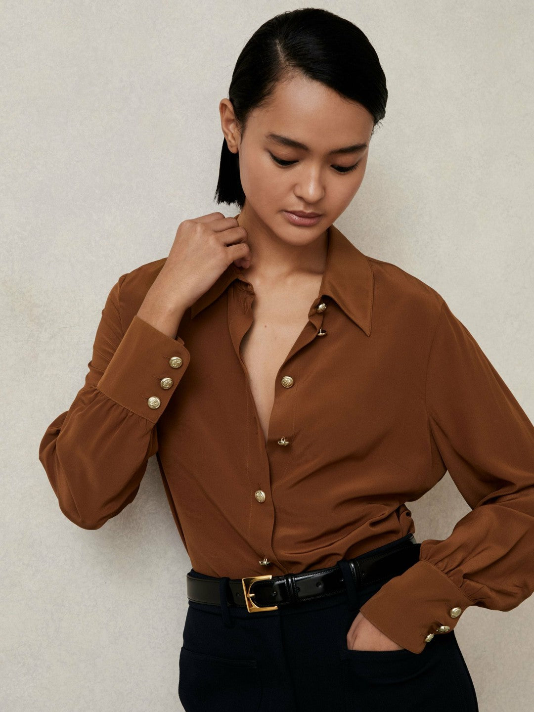 Reiss Silk Embossed-Button Shirt in Tan Brown