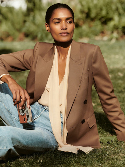 Reiss Petite Wool-Blend Double-Breasted Suit Blazer in Tan
