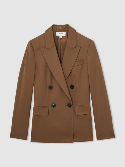 Reiss Petite Wool-Blend Double-Breasted Suit Blazer in Tan