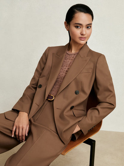 Reiss Petite Wool-Blend Double-Breasted Suit Blazer in Tan