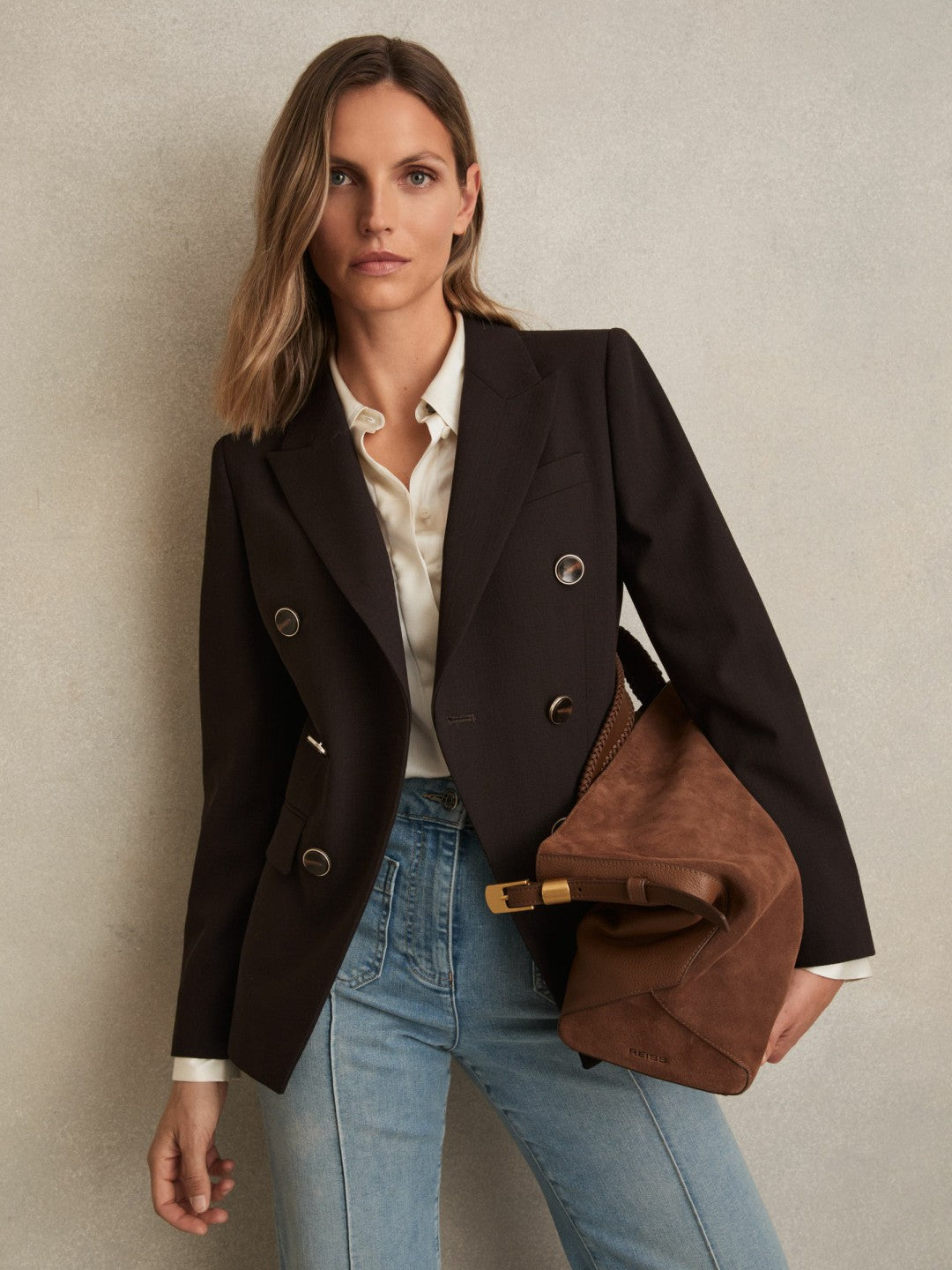 Reiss Wool-Blend Double-Breasted Blazer in Chocolate Brown