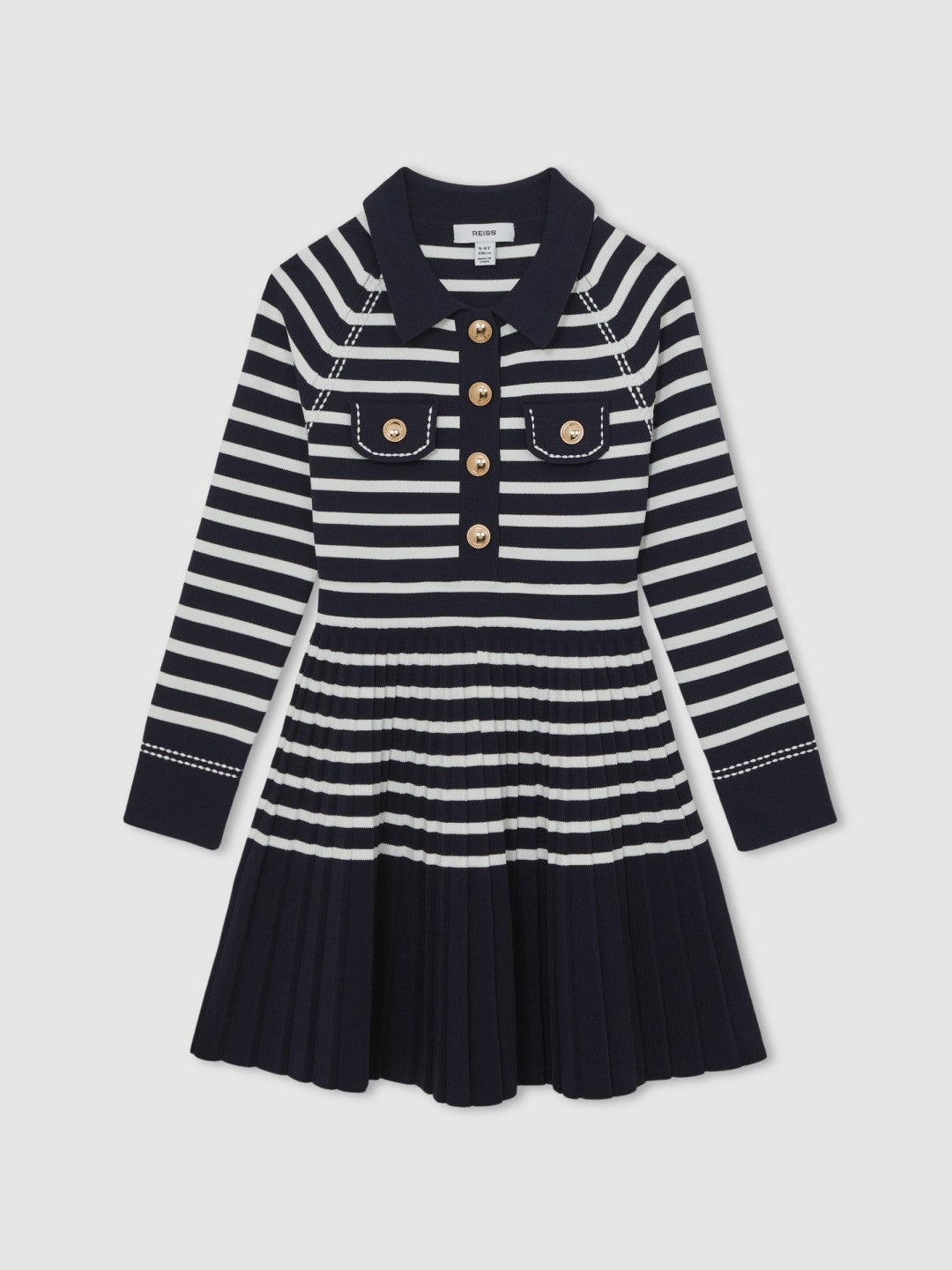 Reiss 13-14 yrs Button-Detail Stripe Knitted Dress in Navy/White