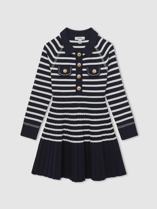 Reiss 13-14 yrs Button-Detail Stripe Knitted Dress in Navy/White