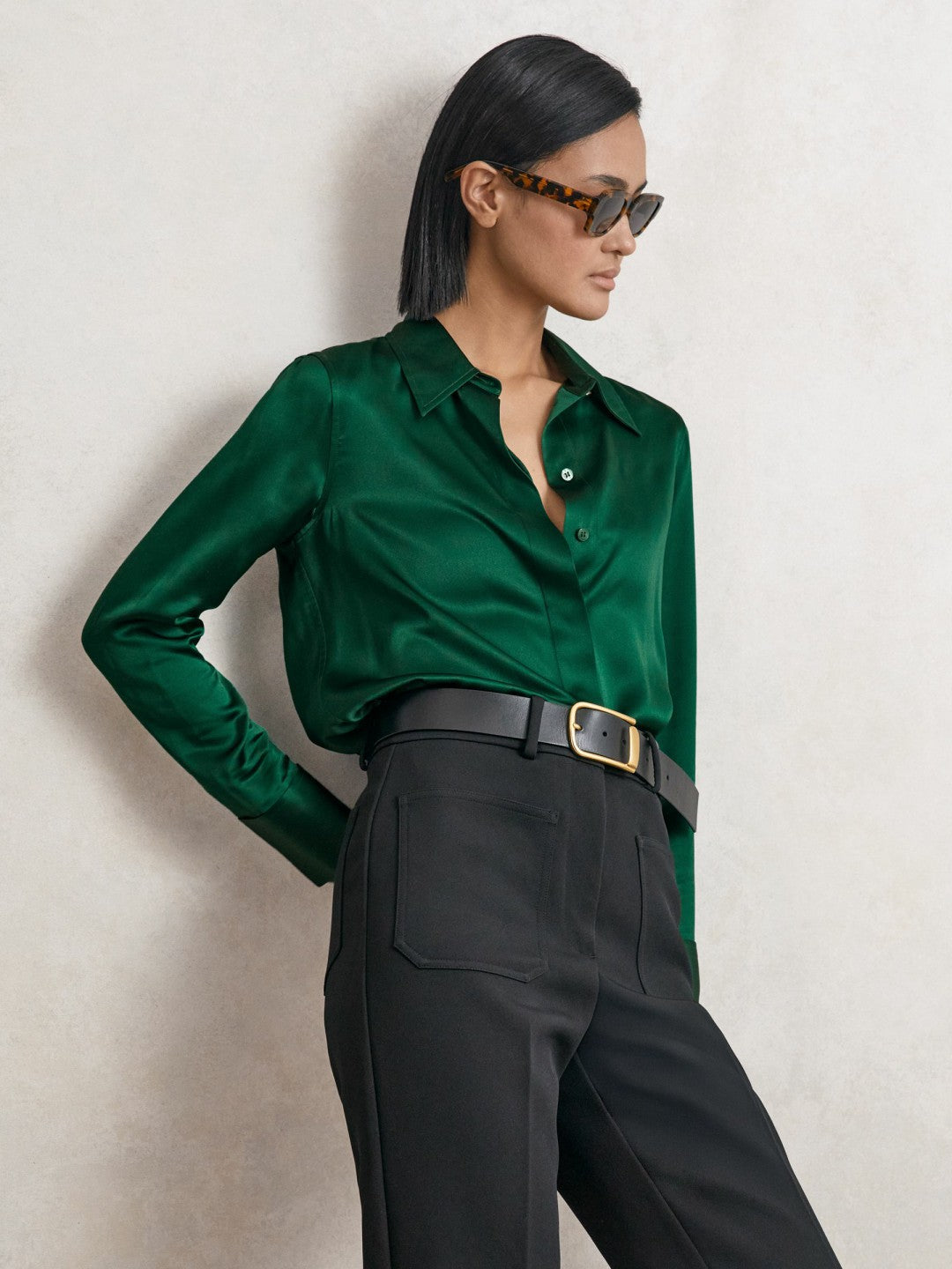 Reiss Silk-Satin Concealed-Placket Shirt in Green