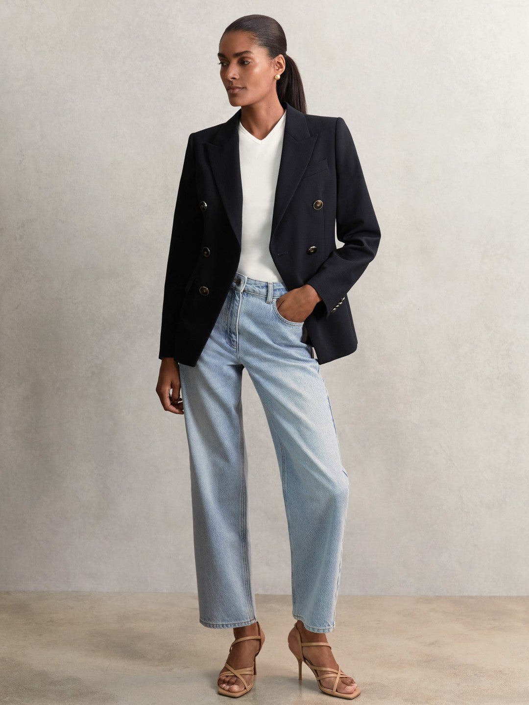 Reiss Petite Wool-Blend Double-Breasted Blazer in Navy