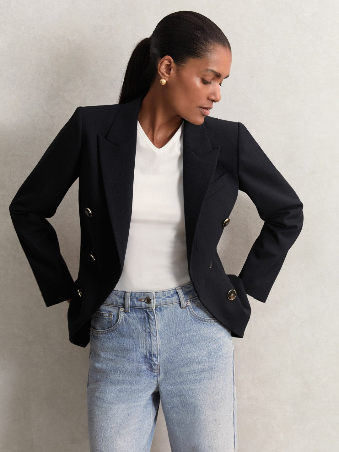 Reiss Petite Wool-Blend Double-Breasted Blazer in Navy
