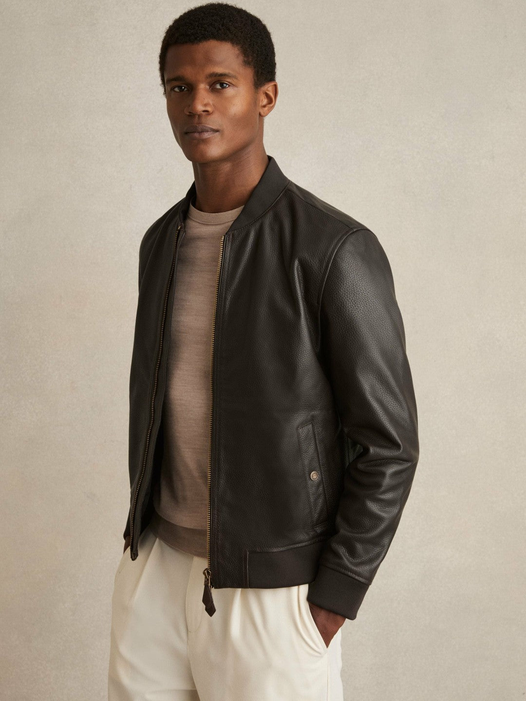 Reiss Leather Bomber Jacket in Brown