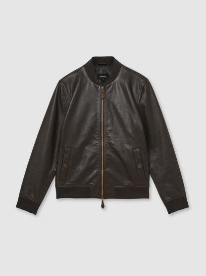 Reiss Leather Bomber Jacket in Brown