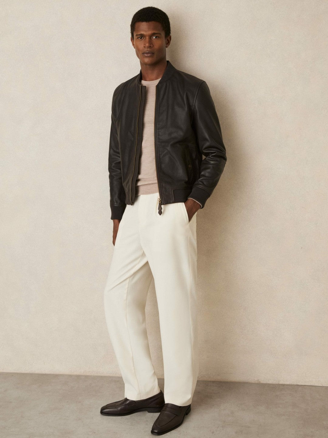 Reiss Leather Bomber Jacket in Brown