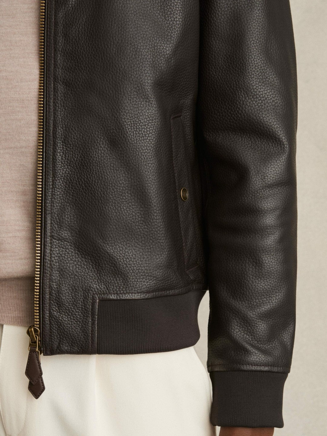 Reiss Leather Bomber Jacket in Brown